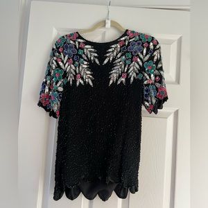 Vintage 1980s Beaded Rainbow Floral Embellished Silk scallop Evening Top Blouse
